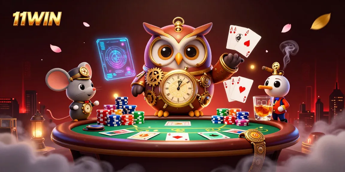 Engage with 11WIN poker action in a vibrant 3D casino scene filled with exotic elements.