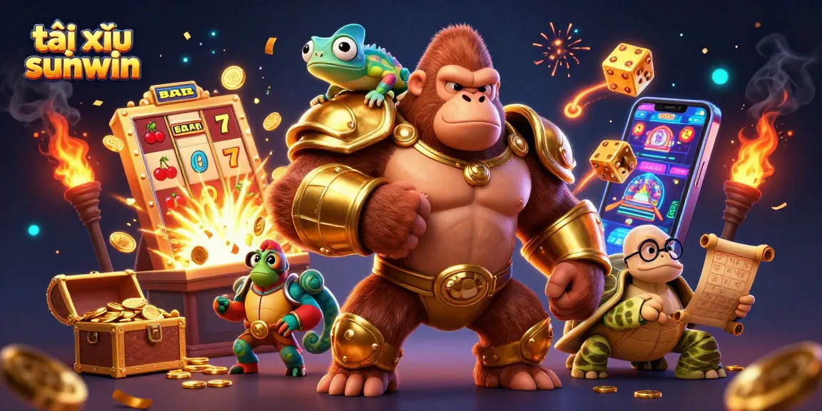 Experience thrilling gameplay with tài xỉu sunwin featuring a gorilla king, chameleon, and tortoise in an exciting casino atmosphere.