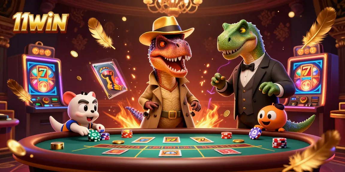 Experience thrilling bets at 11WIN with a playful velociraptor card counter in a vibrant casino scene.