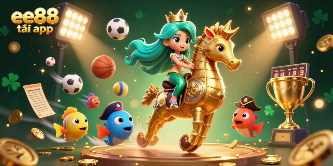Engage in the adventure of ee88 tải app through vibrant 3D casino illustration featuring sports-themed characters.