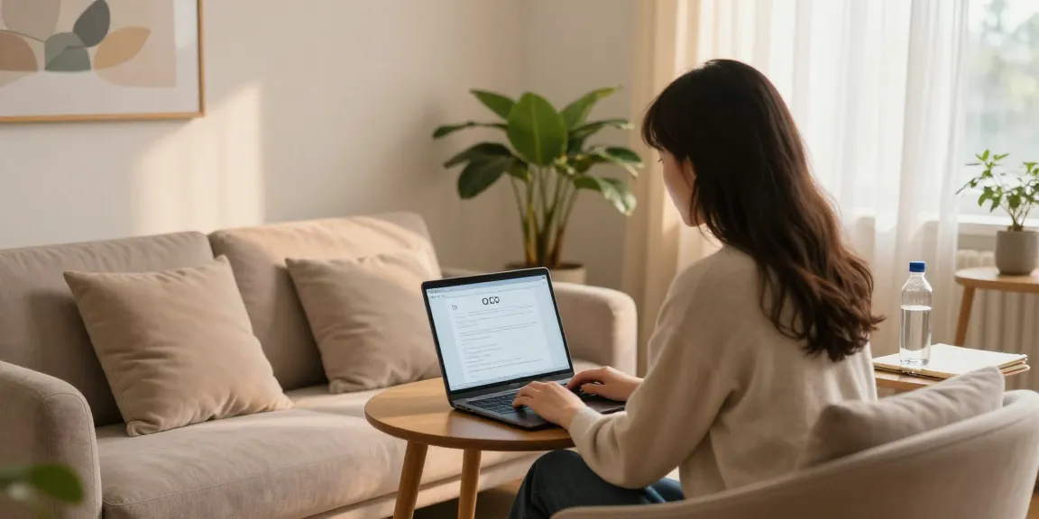 Person engaging in an online ocd test in a peaceful therapy room, promoting mental wellness.
