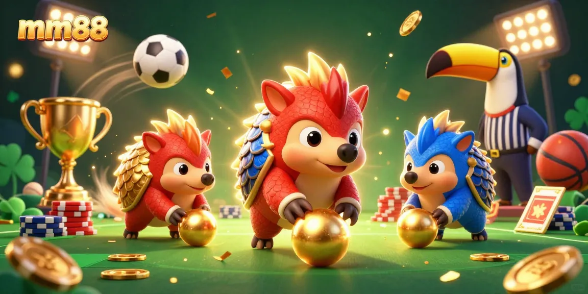 mm88 offers a thrilling bowling game scene with cartoon pangolins rolling golden balls and poker chips, showcasing excitement.