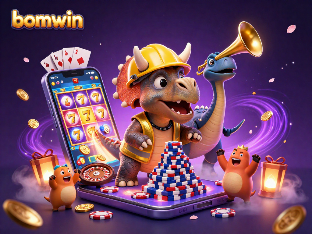 Bomwin casino scene celebrating with triceratops and parasaurolophus amidst vibrant game elements.