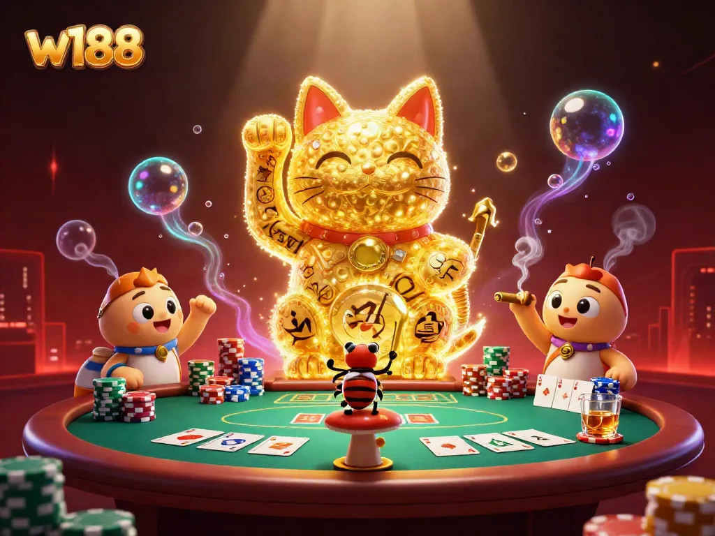 Experience the vibrant spirit of w188 through a dynamic digital scene full of casino elements.