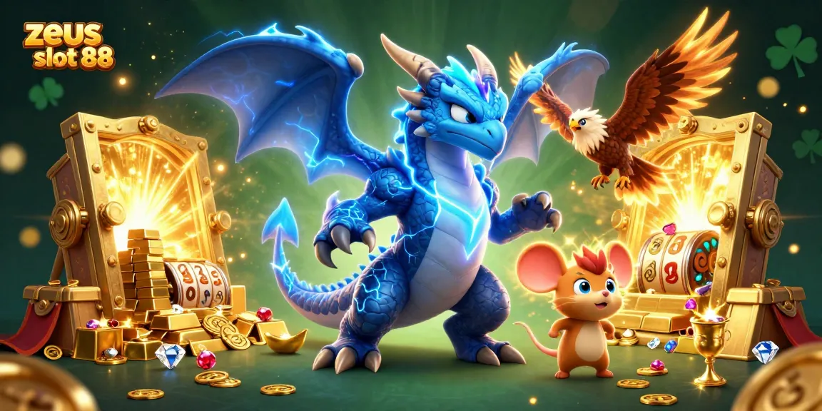 Spin the reels of zeus slot 88 with glowing characters and treasure all around in a dynamic casino scene.