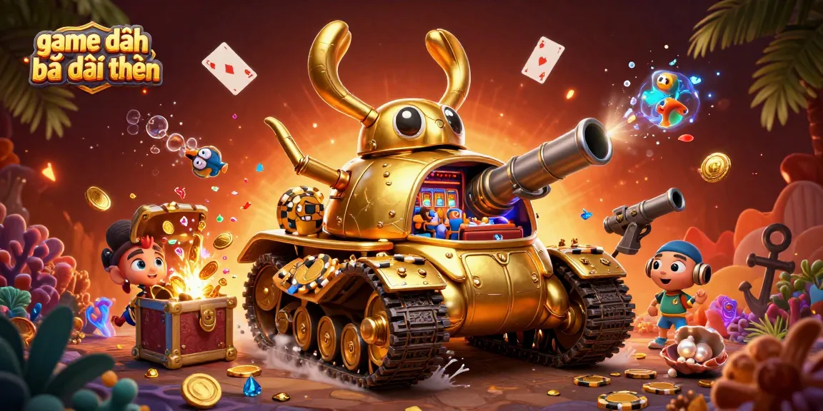 Engage in exhilarating game đánh bài đổi thưởng with a vibrant 3D casino scene of a golden beetle tank.