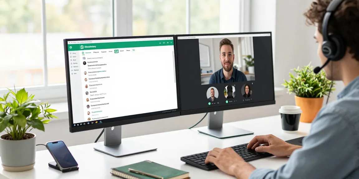 Using WhatsApp電腦版 in a modern workspace with vibrant tech elements.