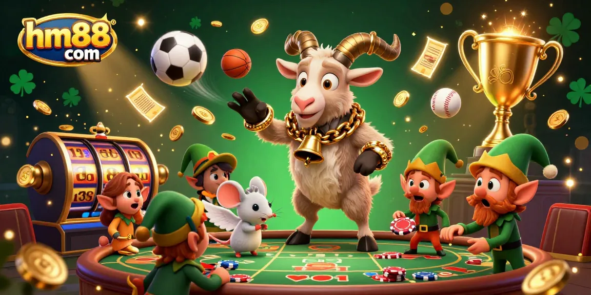 Master the thrill of hm88 com with vibrant casino action featuring a Krampus goat and angel mouse amid festive chaos.