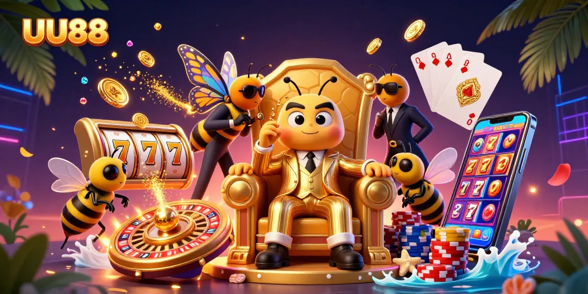 Engage in thrilling gameplay at UU88 with cascading coins and vibrant slot reels in this captivating 3D scene.