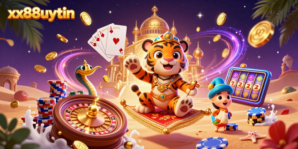 Win big with xx88uytin's vibrant 3D casino scene featuring a majestic tiger sultan and rolling jackpots.