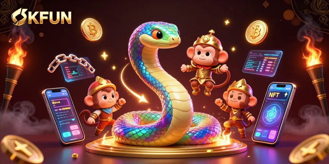 Experience OKFUN with a dynamic 3D casino-themed illustration featuring a rainbow serpent and monkey king.
