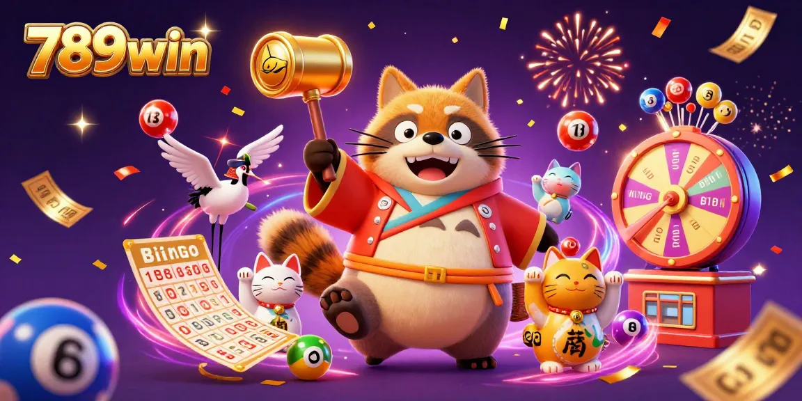 Join the excitement at 789win with a vibrant illustration of fortune symbols and casino elements.