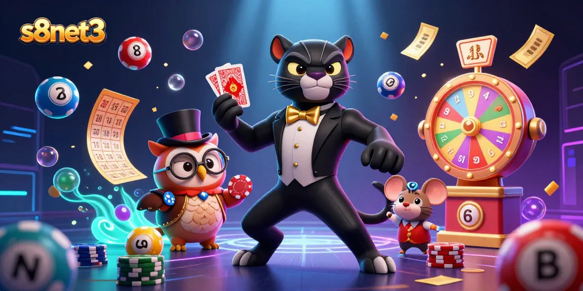 Engage with the thrilling world of s8net3 as a charismatic panther deals cards amidst vibrant game elements.