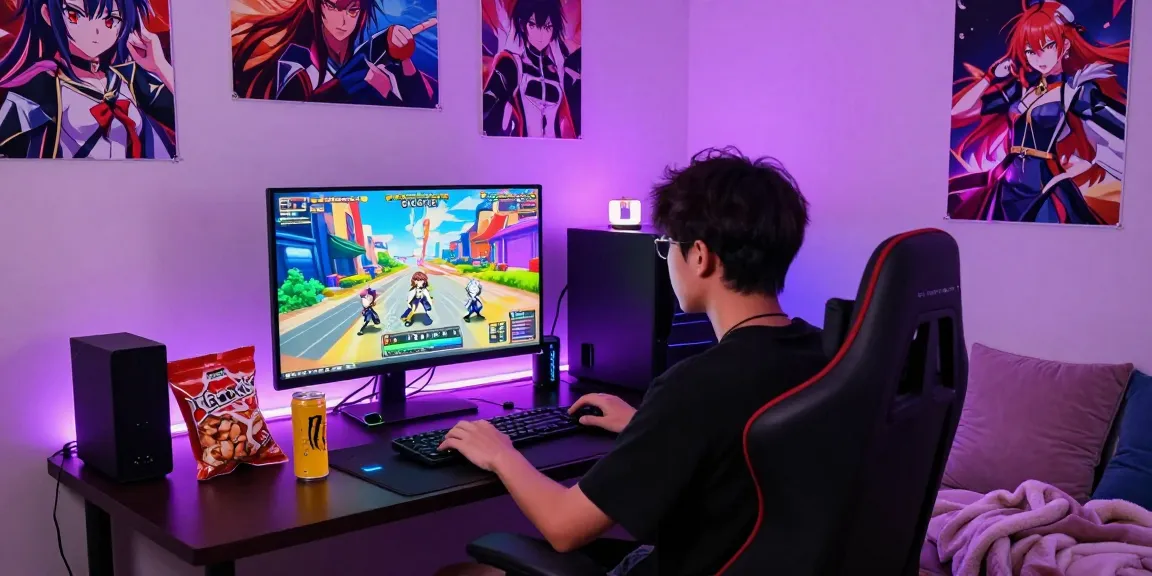 Player enjoying an ecchi game in a cozy gaming setup with anime decor.