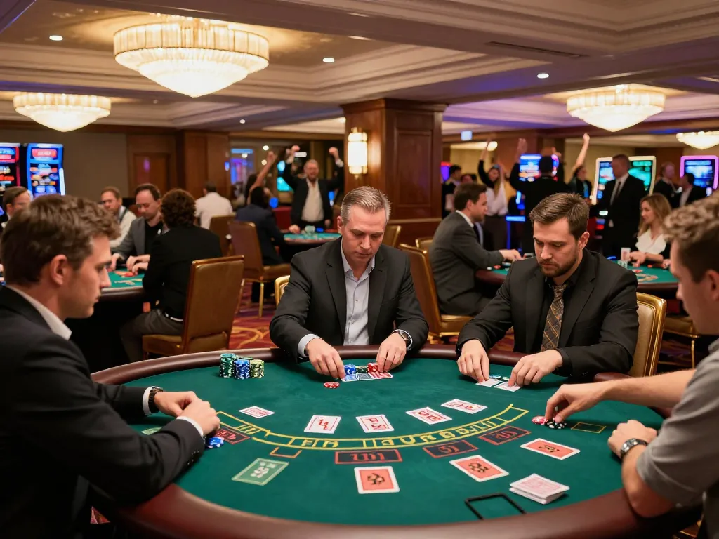 Players at blackjack tables engaged in thrilling gameplay, showcasing sc88 strategy and excitement in a luxury casino.