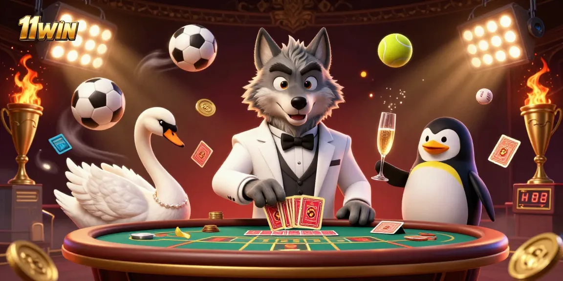 Experience the excitement with 11WIN as a debonair wolf plays cards at the baccarat table.