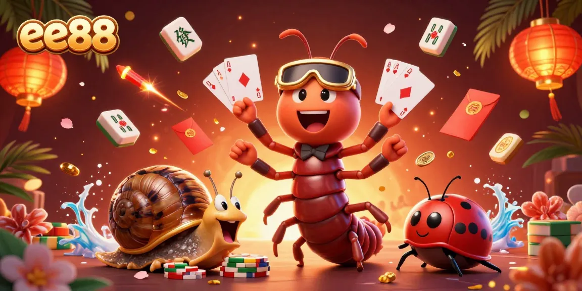 Experience the vibrant excitement of ee88 with a cartoon millipede dealer amidst a thrilling casino setting.