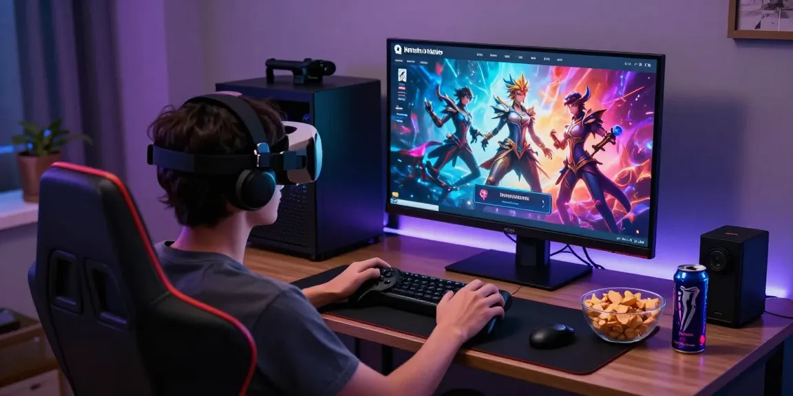 Player immersed in HTML hentai games in a vibrant gaming setup, showcasing fantasy characters and interactive elements.