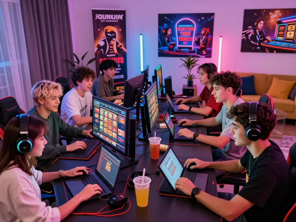 Young adults enjoy competitive gaming on Sunwin platform, showcasing excitement and vibrant atmosphere.