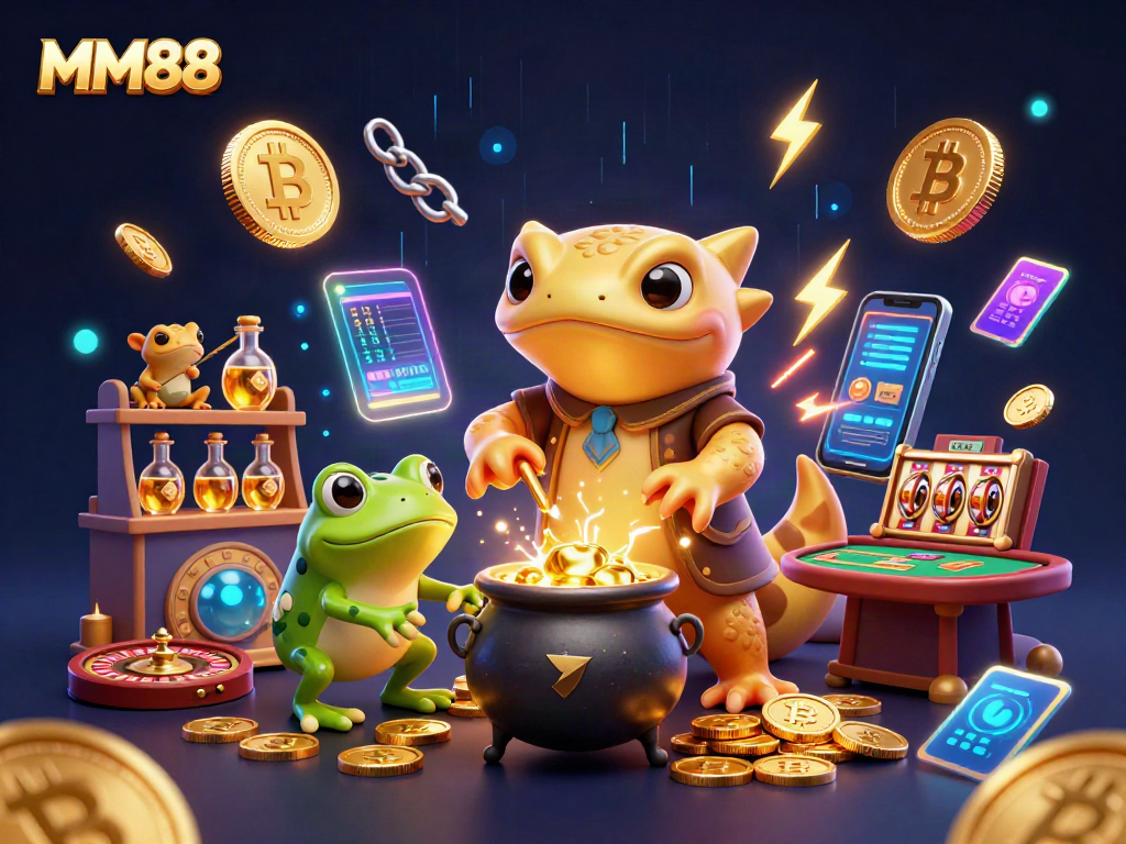 MM88 offers an exciting visual of a golden salamander alchemist transmuting metals, with crypto coins.