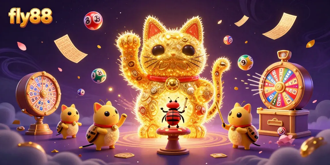 Experience the vibrant energy of fly88 with golden fireflies as a lucky cat amidst exciting casino elements.