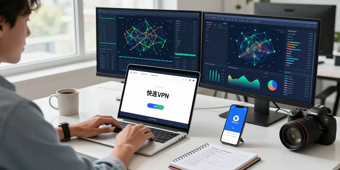 用户在现代办公环境中使用快连VPN应用，展示网络分析图表和高效连接，体现安全和稳定性。