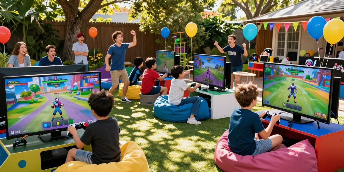 Gaming party London with children enjoying video games, vibrant setup, and lively outdoor atmosphere.