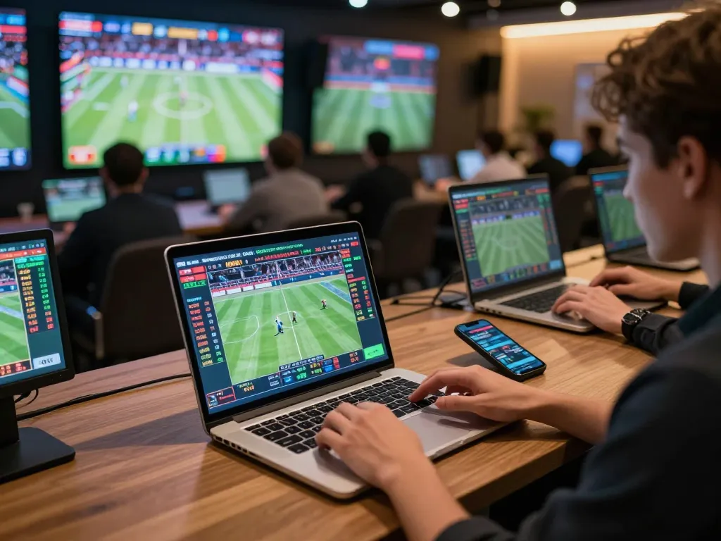Engaged user placing bets on vaobet online platform with multiple screens showcasing live sports events.