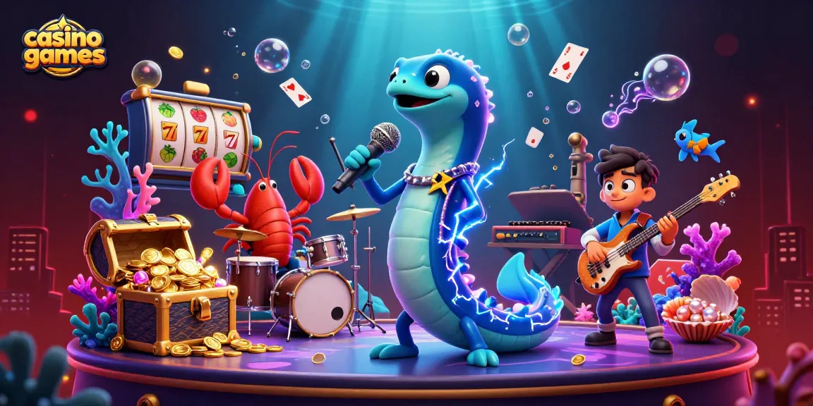 Catching the magic of casino games with a lively electric eel DJ performing on an underwater stage