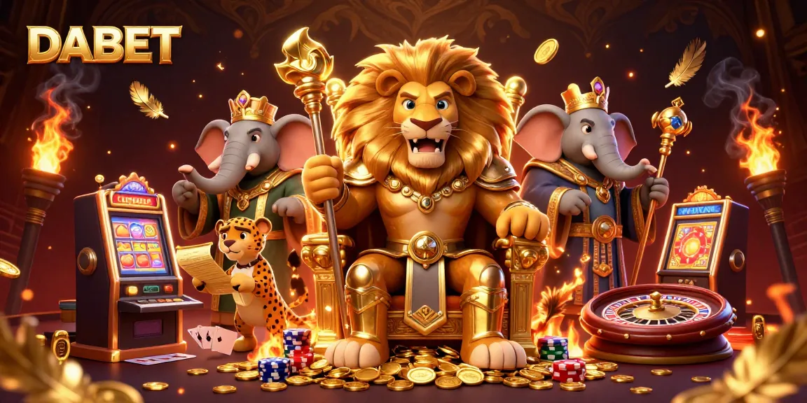 DABET offers thrilling casino games with a lion king, wise elephant, and quick cheetah in an epic gambling scene.