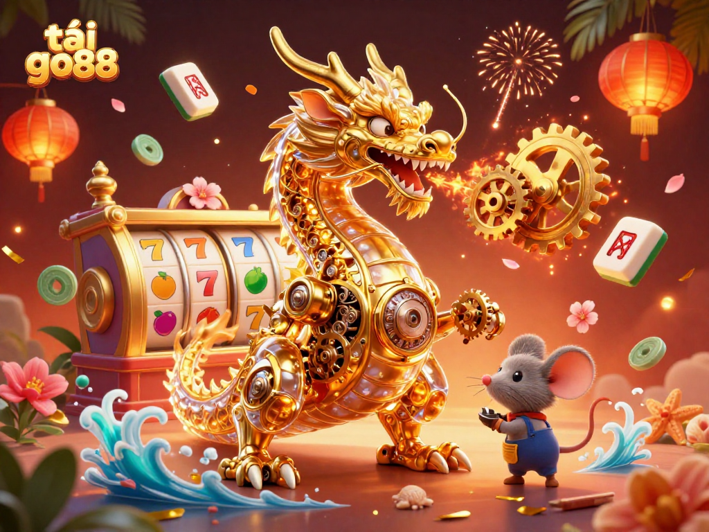 Experience the thrill of tải go88 with a 3D golden dragon and slot reels illustration.