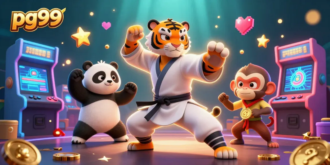 Experience the excitement of pg99 with a vibrant 3D casino scene featuring engaging characters and games.