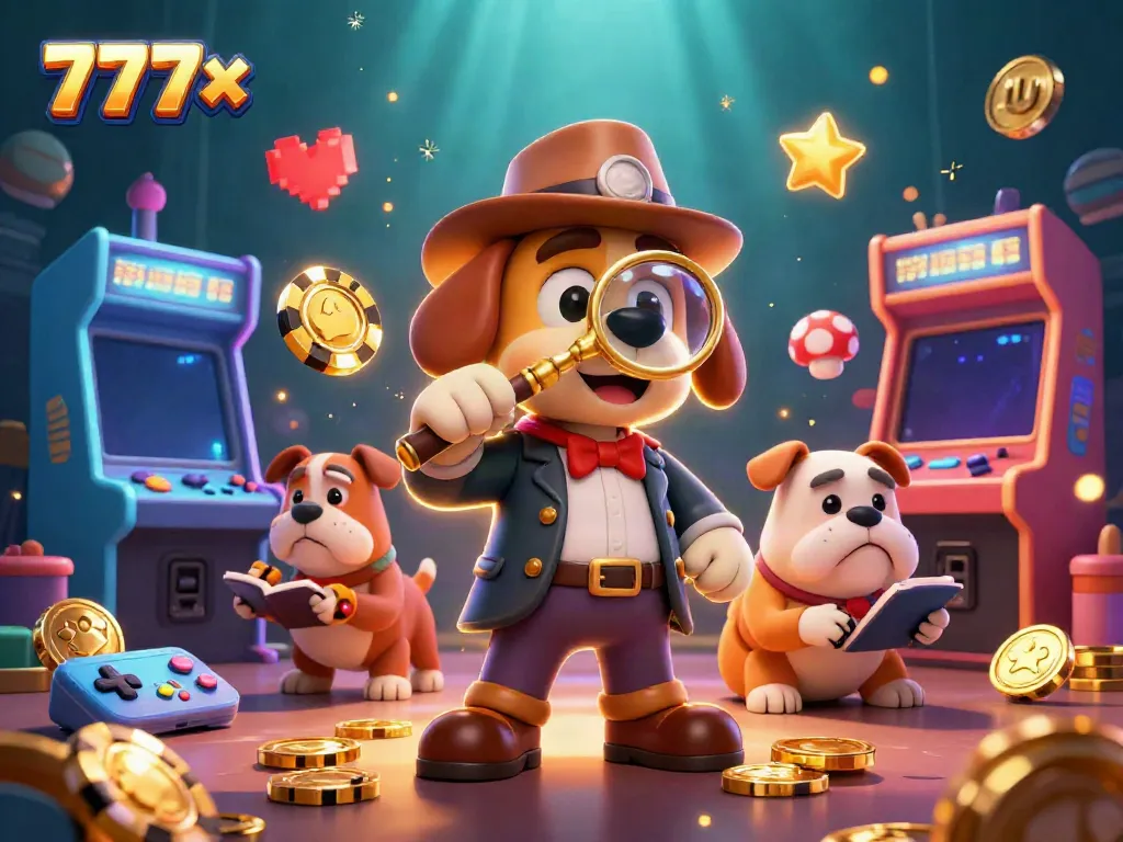 Investigate treasure clues at 777x casino with a detective and dog, surrounded by gaming machines.