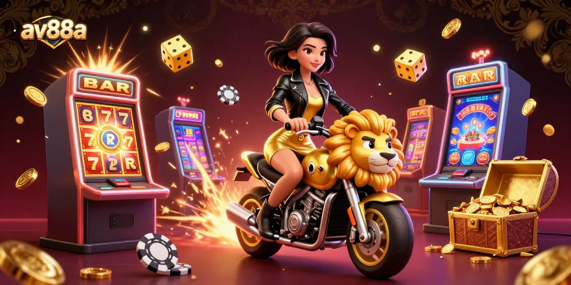 Spin to win at av88a with a glamorous Asian woman riding a golden lion mascot in a vibrant casino scene.