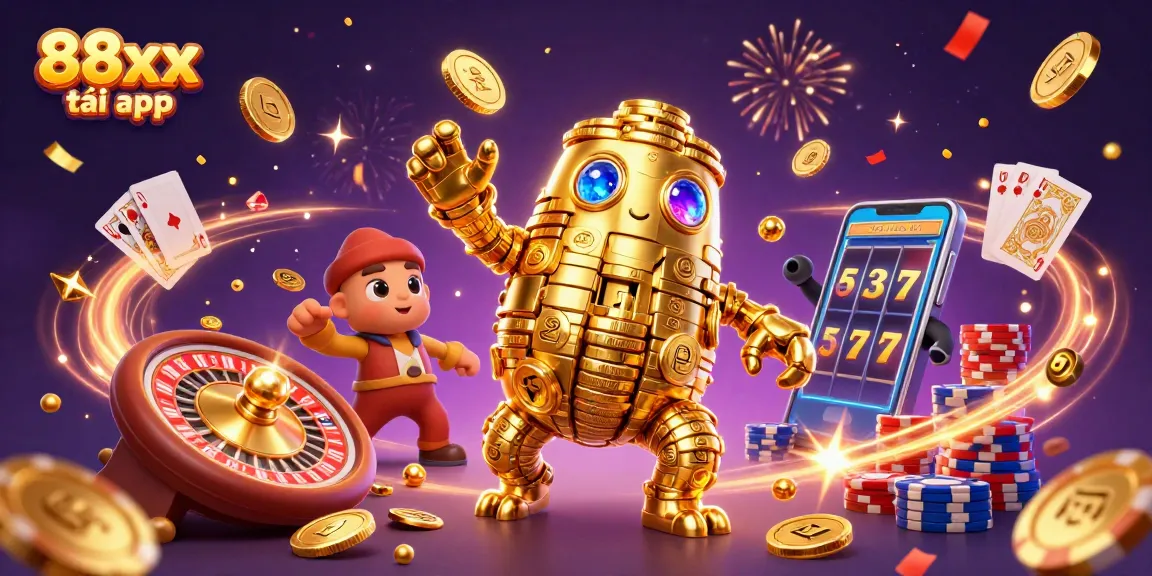 Experience thrilling gaming with the 88xx tải app featuring vibrant casino elements and a golden golem.