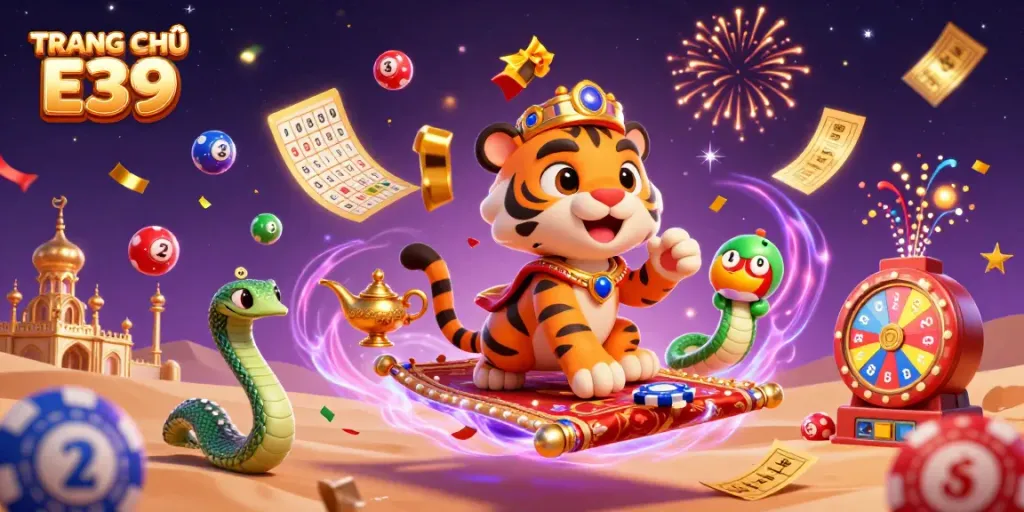 Spin and win on TRANG CHỦ E39 with vibrant casino-themed elements surrounding the sultan.