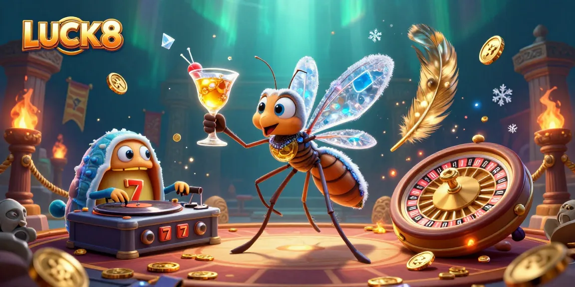 Experience the excitement of LUCK8 with an animated casino scene featuring unique characters and game elements.