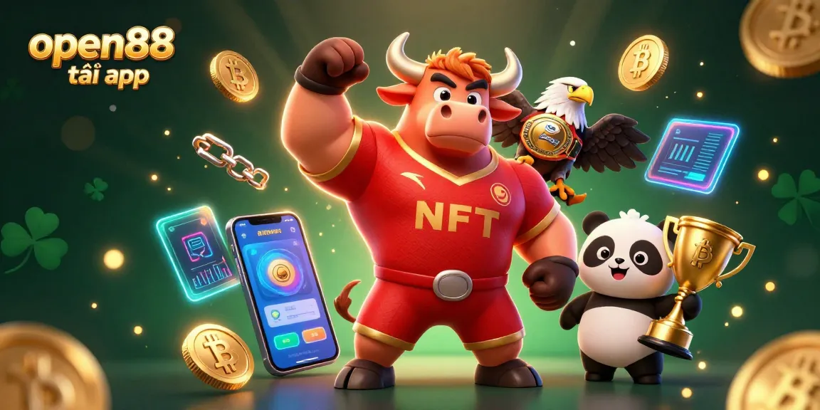 Engage with the open88 tải app as a muscular bull mascot celebrates with a trophy and crypto coins.
