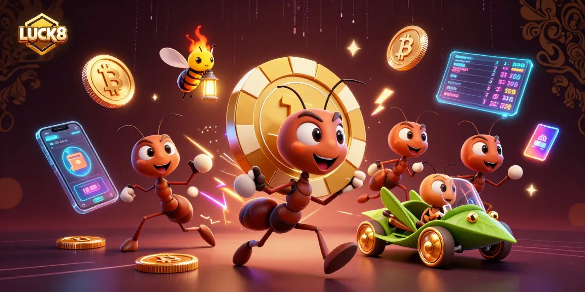 Ants and grasshopper racing with a giant poker chip in LUCK8-themed digital heist illustration