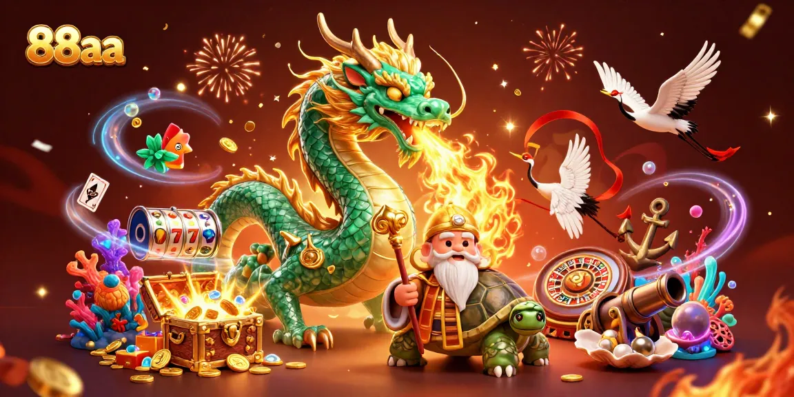 88aa showcases exciting gaming elements with a majestic dragon and turtle sage in a vibrant illustration.