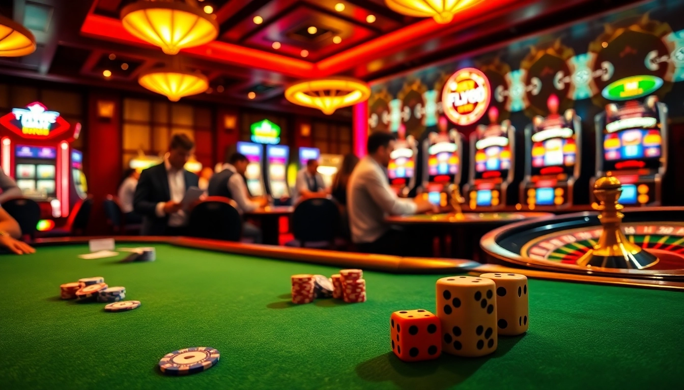 Players enjoying FLY88 games at a vibrant casino table surrounded by colorful slot machines.