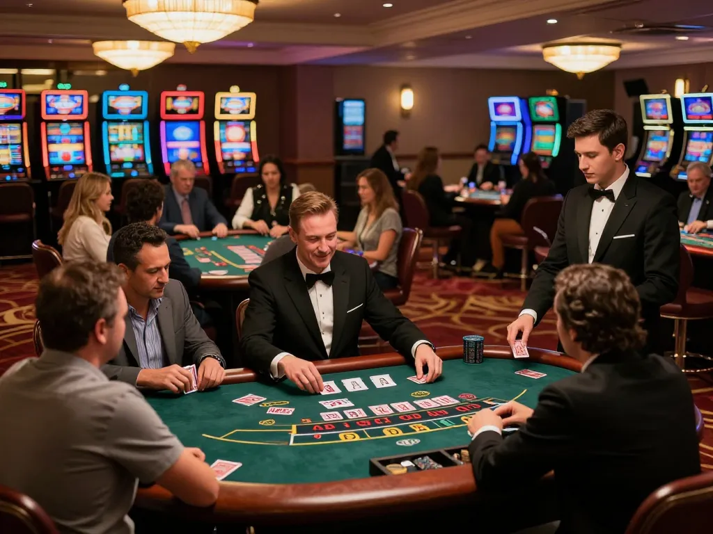 Players enjoy a thrilling blackjack game at a luxurious casino, focusing on their strategic moves and the no hu atmosphere.