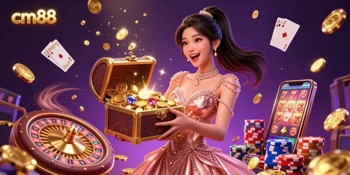 Experience the vibrant excitement of cm88 with a joyful presentation of treasure and casino elements.