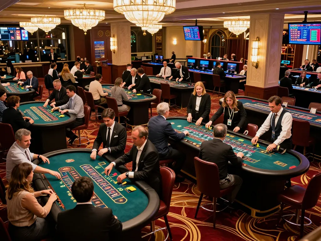 Players engaging in thrilling roulette and blackjack at a lively windd casino floor with vibrant lighting.