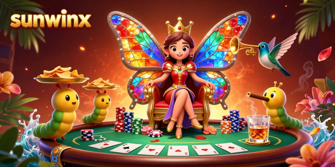 Experience the vibrant casino world of sunwinx featuring a majestic butterfly queen and poker elements.