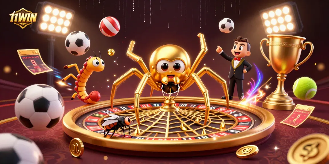 Bet on the thrilling 11WIN experience with a golden spider roulette scene showcasing gambling action