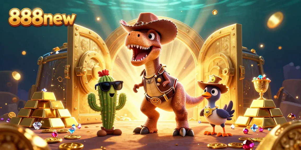 Experience the action with 888new’s lively casino scene featuring a dinosaur and treasures.