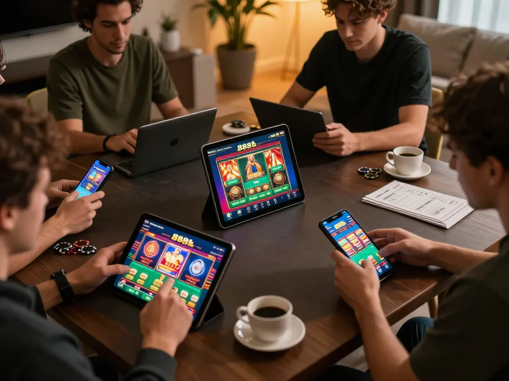 Players engaging with the 888b app in a cozy home setting, showcasing mobile casino excitement