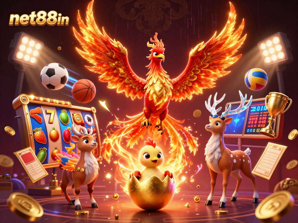 Engage with net88in's vibrant slot games featuring fiery phoenixes, dynamic sports balls, and exciting casino elements.