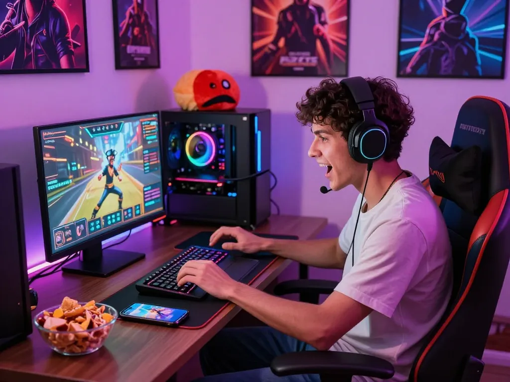 A gamer enjoying an interactive porngame in a vibrant gaming room filled with LED lights and accessories.